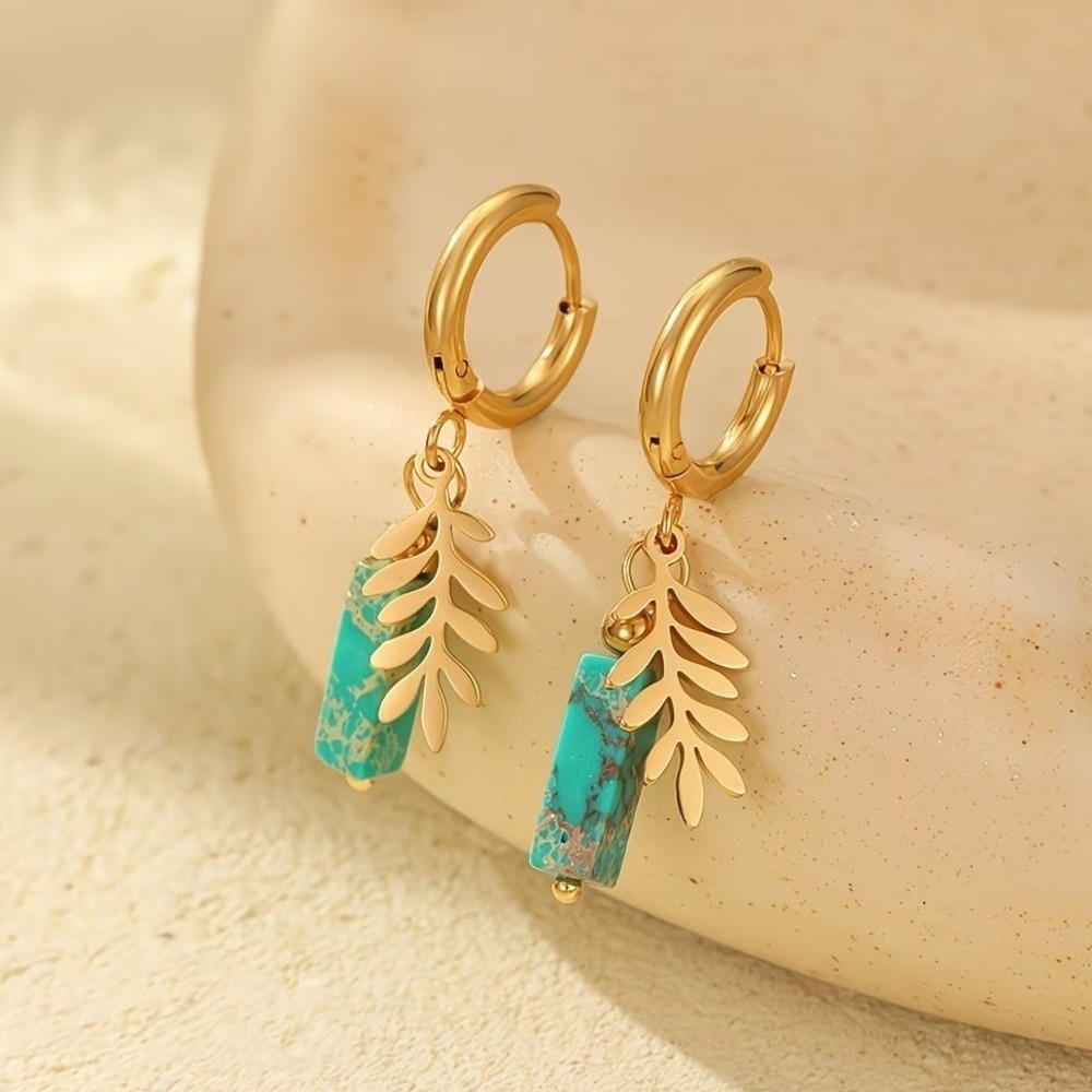 Gold Stainless Steel Turquoise Leaf Huggie Hoop Dangle Earrings Natural Stone